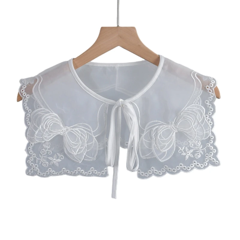 

Women Tiered Organza Detachable False Collar Hollow Out Embroidery Bowknot Shawl Wrap Lace-Up Sheer Mesh Capelet Shrugs