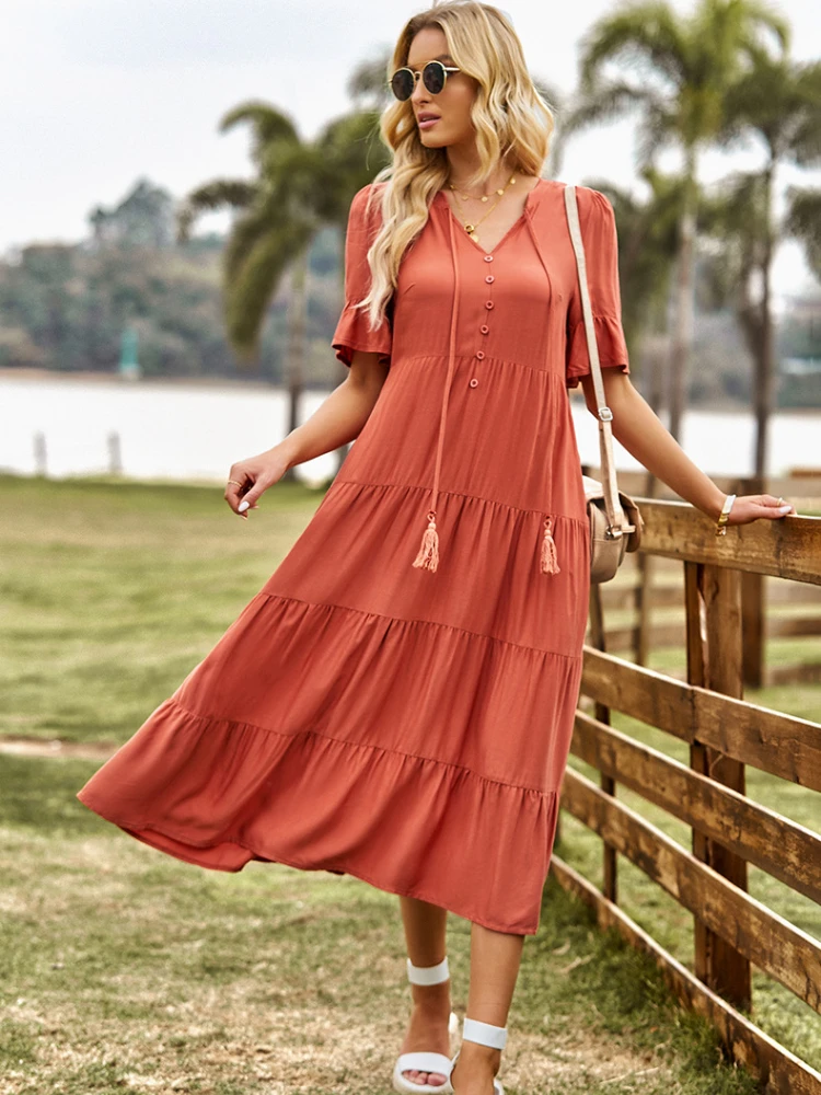 

Женское офисное платье с коротким рукавом, повседневное однотонное свободное Элегантное Длинное платье миди с V-образным вырезом, весна-лето 2023