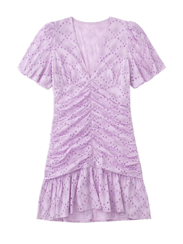 

2022 Summer Women Mini Pleated Dress Vintage Slim Solid V-Neck Hollow Out Embroidery Female Elegant Sheath Dresses