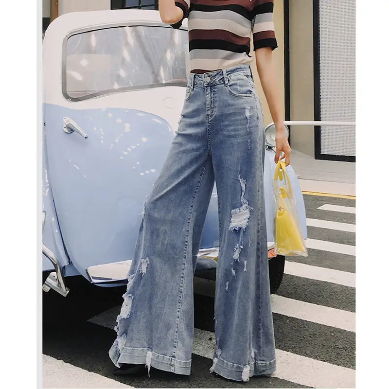 

Ripped Jeans High Waist Pants for Women Urban Korean Fashion Jean Baggy Clothes Vintage Clothing Flared Trousers Wide Leg Pant