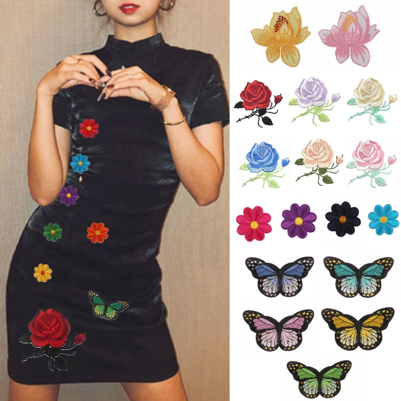 

Rose Sunflower Embroidery Patch Chrysanthemum Butterfly Clothing Patch Sticker Stickers Clothing Badge DIY Iron-On Patches 1Pcs