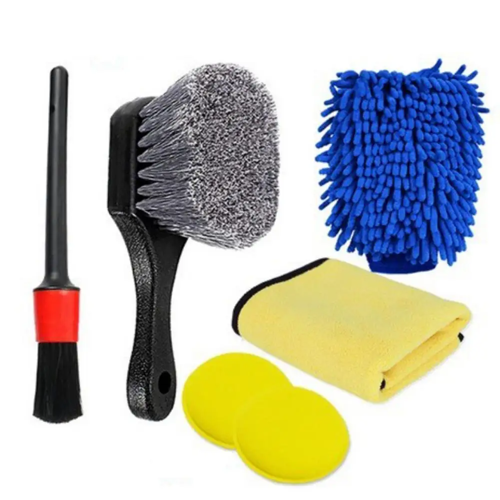 

6pcs Microfibre Car Detailing Brush Set Washing Towel Gloves Waxing Sponges Tire Crevice Brushes Car Care Kit Car Cleaning Tools