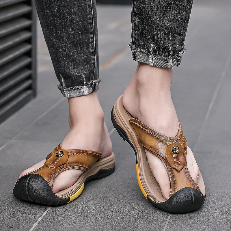 Slippers Men Summer Brand New Leather Breathable Flip Flops Comfortable Vintage Cowhide Casual Sandal Male Fashion Non-slip Shoe