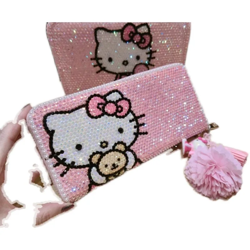 

Hello Kitty Kawaii Full Diamond Wallets Stick-on Crystals pink anime Girl Heart billetera Wallet coin purses Bag gift for women