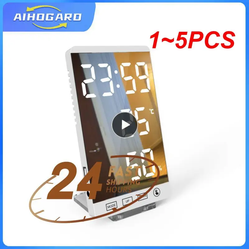 

1~5PCS Inch Mirror LED Alarm Clock Touch Control Wall Digital Clock Time Temperature Humidity Display USB Desk Watch for Bedroom