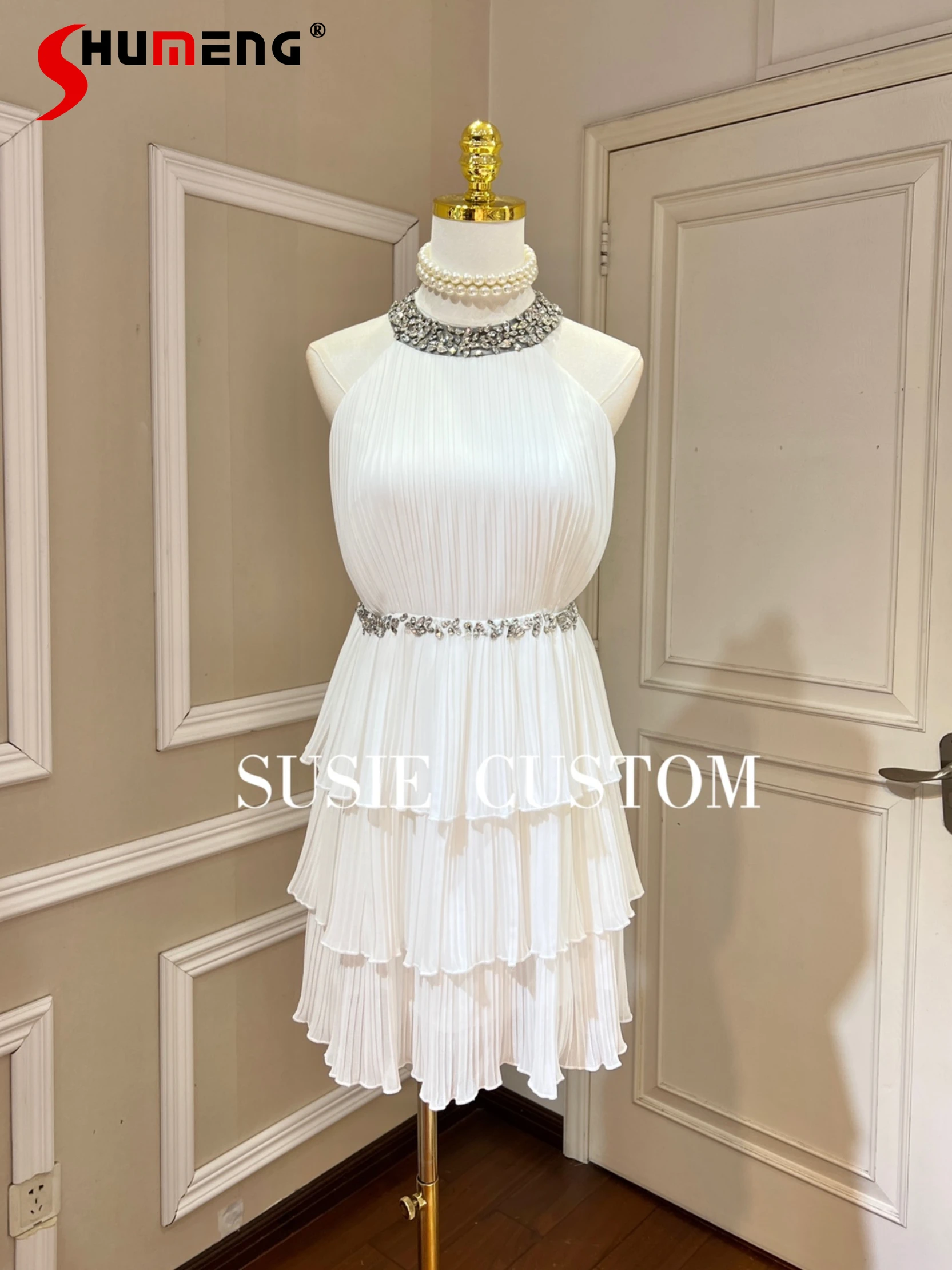 

Women's Fashion Elegant Rhinestone Halter Above Knee Dress 2022 Summer New Stitching Pleated Chiffon Ruffles Layer Cake Dress