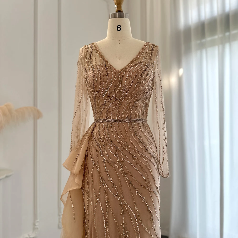 Jancember Elegant V Neck Translucent Sleeves Mermaid Evening Dress 2023 Fashionable Embroider Wedding Formal For Women SCZ063