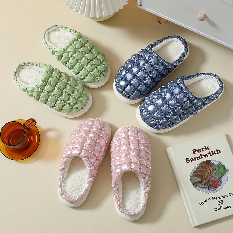 Glossy Multi-color Warm Slippers Breathable Soft Bottom for Pregnant Women Home Cotton Slippers Women's Winter Couple 36-45
