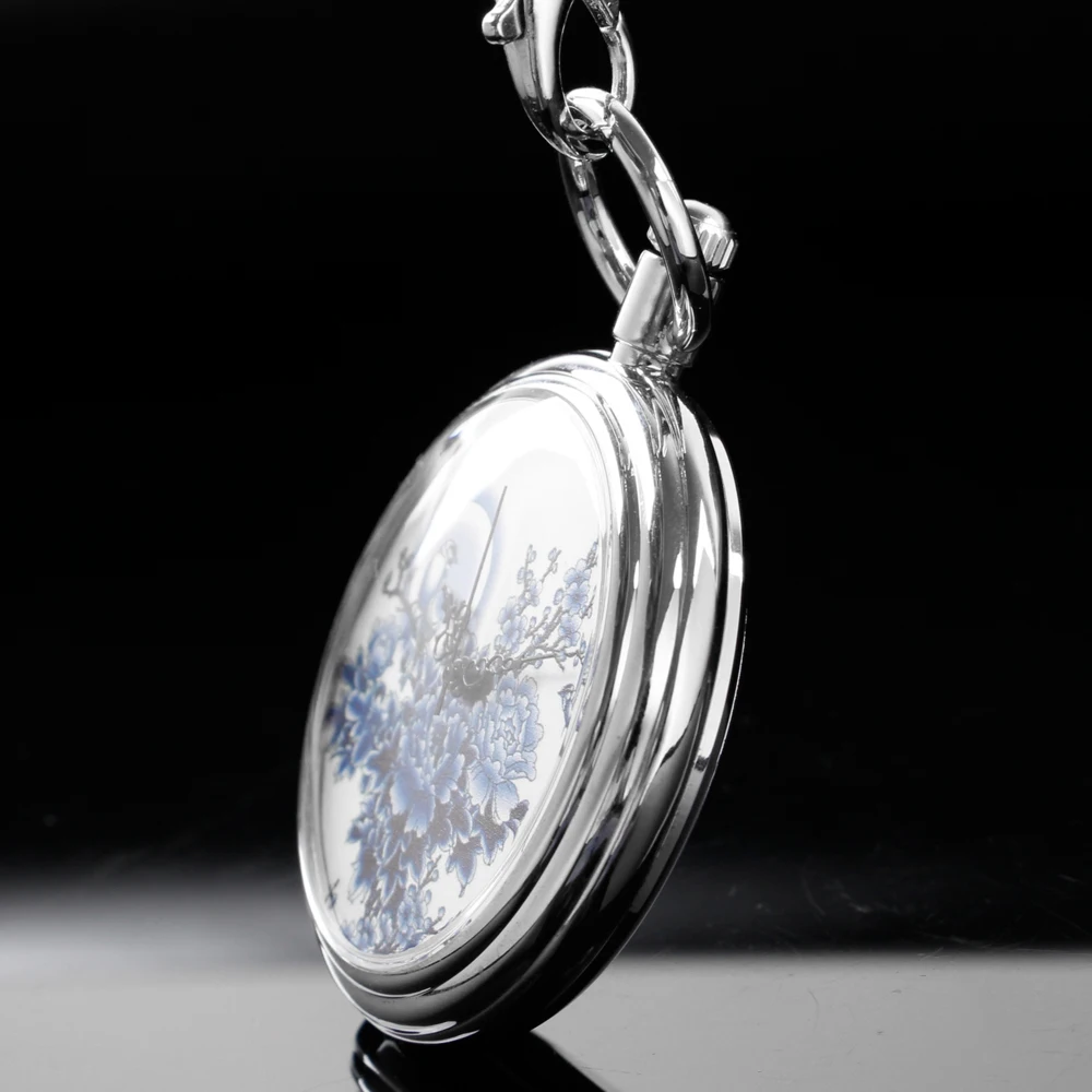 Blue and White Porcelain Fashion Pocket Watch Mechanical Men's Handbag Steam Punk Necklace Fob Watch Chain Roman Digital Clock