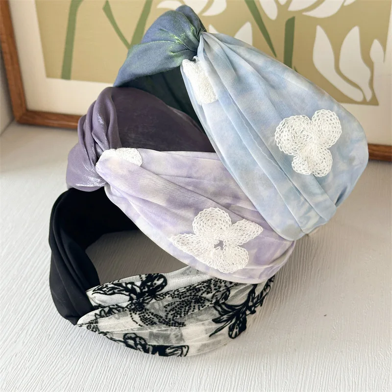 Обруч для волос летний с широкими краями тканевый модный ободок перехлёстом