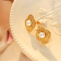 yaonuan french vintage flower earrings with pearls for women gold plated titanium steel daily jewelry accessories without fading