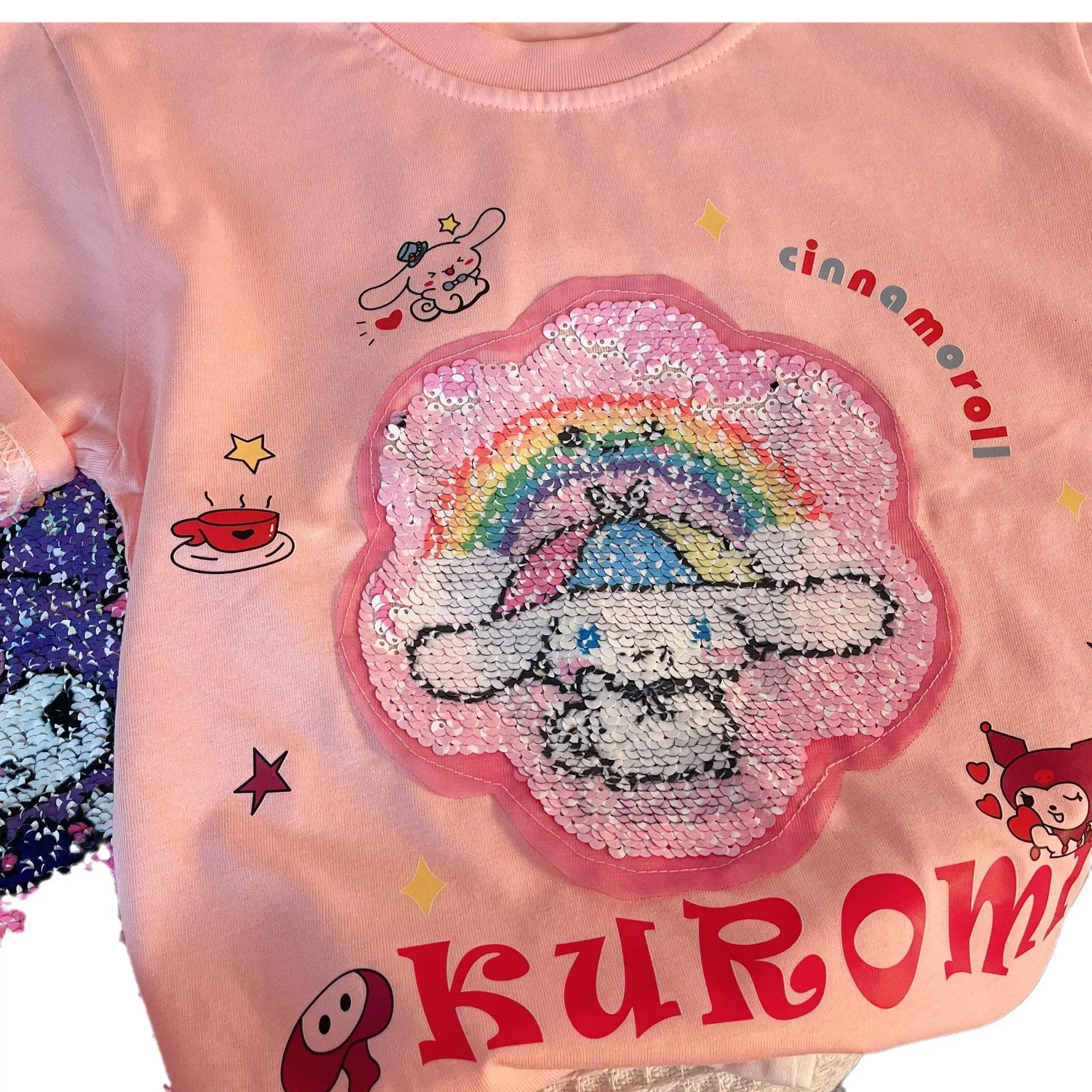 

Детская футболка Sanrio Kuromi Cinnamoroll с коротким рукавом, новинка, летняя футболка с блестками и изображением, милый подарок на день рождения