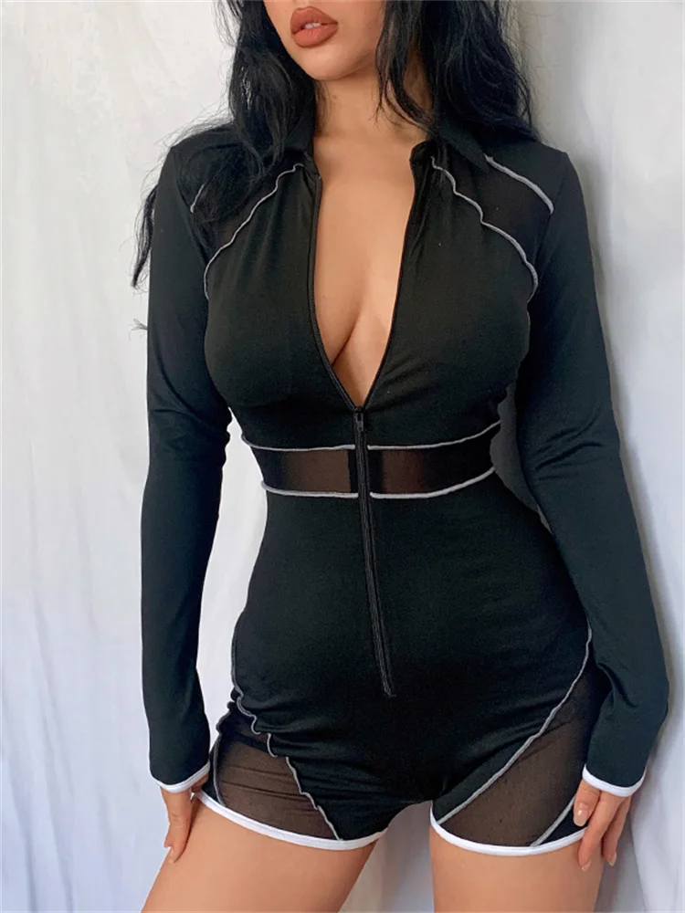 

Thorn Tree Mesh Sheer Patchwork Playsuits 2022 Sexy Women Summer Fall Long Sleeve Front Zip Up Jumpsuits Rompers Biker Shorts