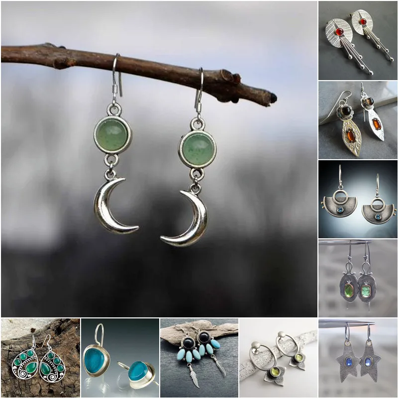 

Creative Personality Silver Color Moon Earrings Exquisite Round Inlaid Green Stone Drop Earrings for Women Engagement Jewelry
