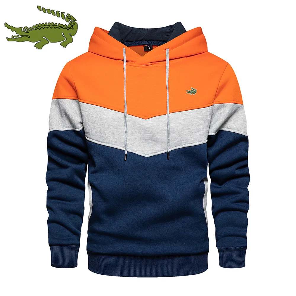 Trending Men Hoodies Splicing Pullover 2022 Autumn Winter Fleece Warm Long Sleeve Outwear Sweatshirts Casual Printed Sport Tops