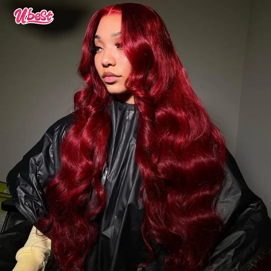 Ubest Dark Red 13X6 Body Wave Lace Front Wig 32Inch Indian Human Hair Wig Chocolate Transparent Lace Frontal Wigs For Woman