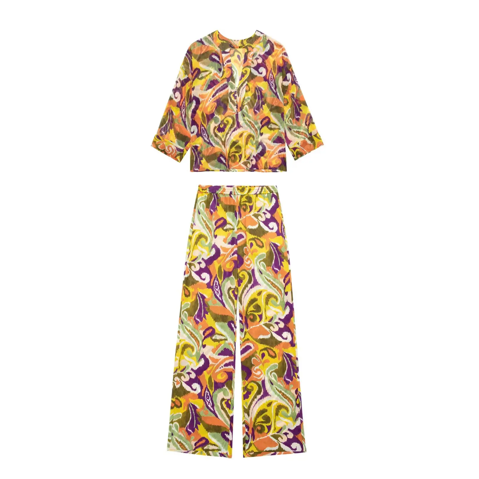 

Woman Vintage Loose Irregular Print Shirt Suit 2023 Spring Female Casual Elastic Straight Pant Suits Ladies National Style Set