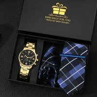 luxury gold mens watch set with calendar classic blue tie pocket towe high grade quartz watches gift box birthday for boyfriend
