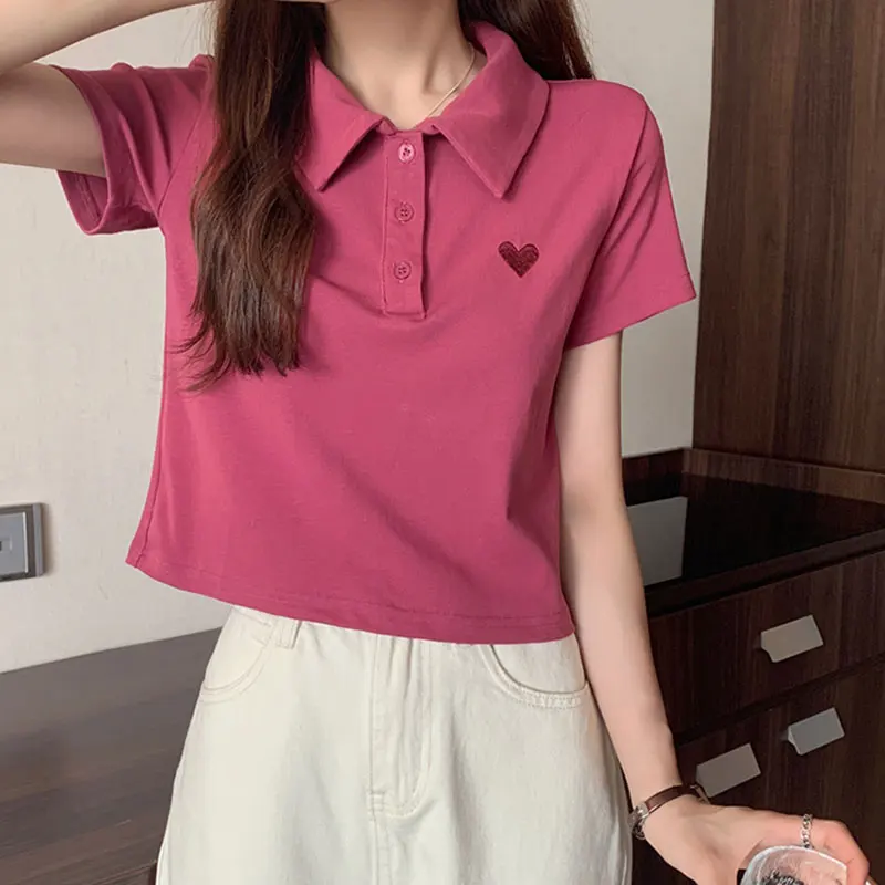 

2022Shoulder short t-shirt women's short-sleeved cotton tights summer new body-fitting shirt all-match lapel slimming