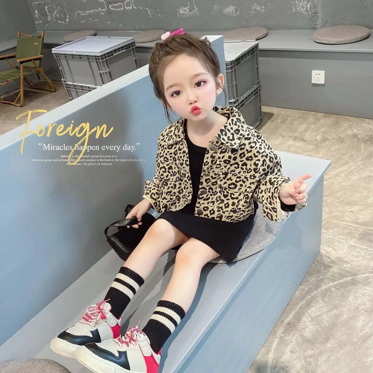 

Комплект из двух предметов для девочек, куртка с длинным рукавом и черное платье с леопардовым принтом, Корейская версия, осень-весна