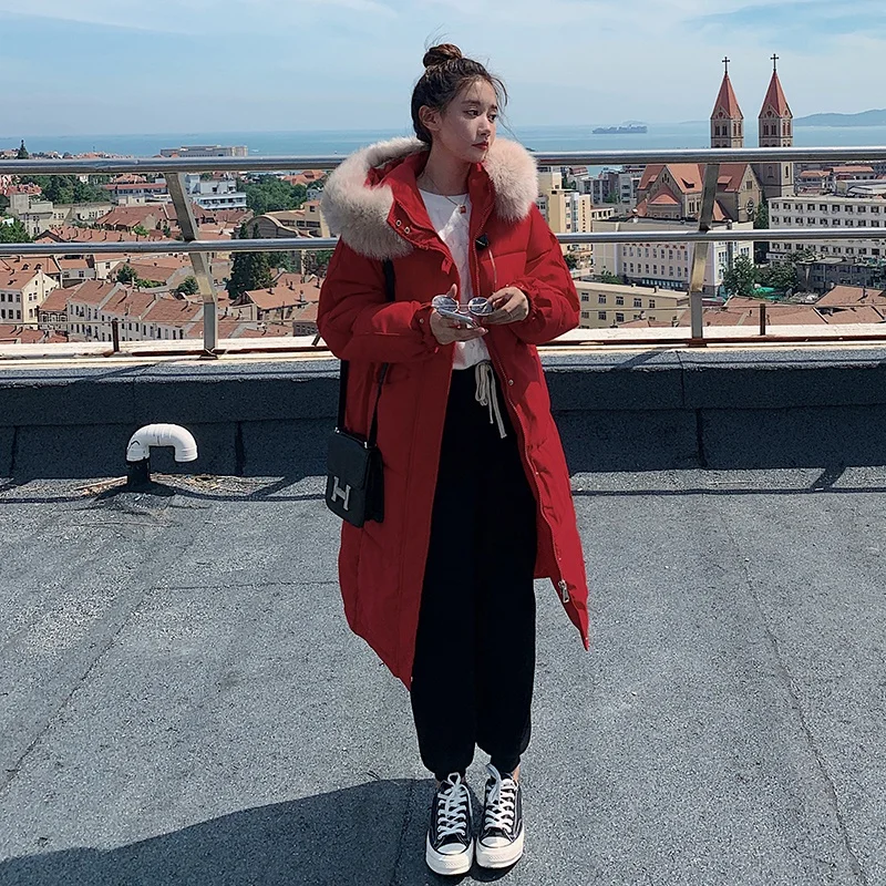 Women Solid Casual Big Fur Collar Hooded Long Loose Thickened Jackets Office Lady Warm Elegant Coats Trench Fashion Thick Jacket