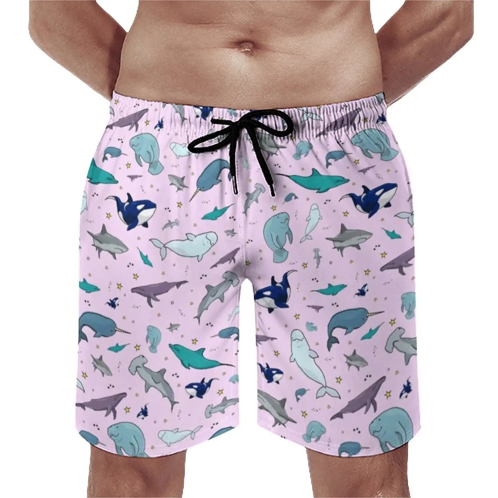 

Funky Shark Board Shorts Cute Ocean Life Pattern Man Funny Beach Short Pants Hot Design Plus Size Swim Trunks