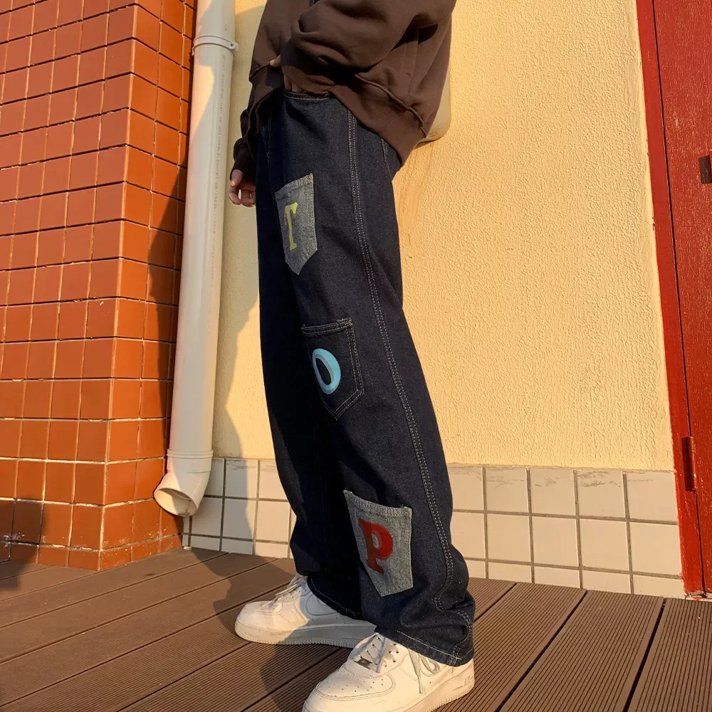 2022New T O P Printed Jeans Multi-pockets Denim Straight Jean Pants Navy blue Men's Hip Hop Jeans Neutral Streetwear denim T