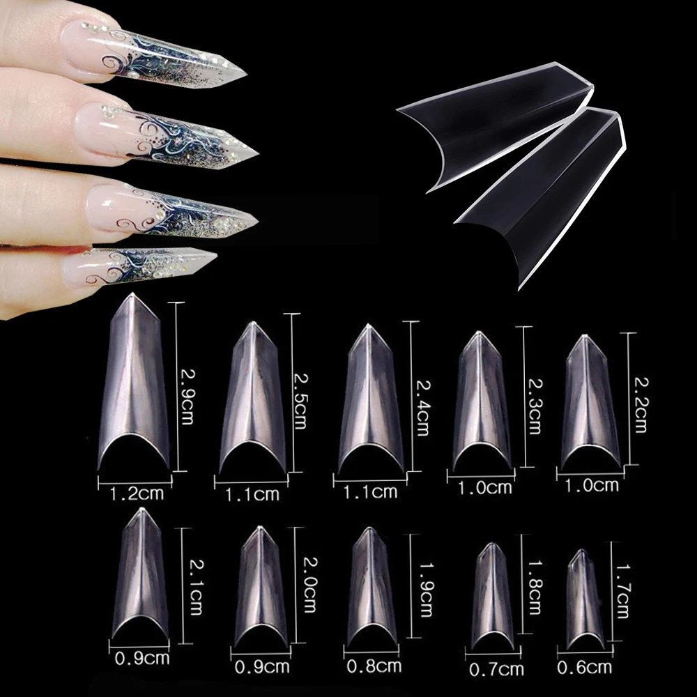 

500Pcs Fashion Trend Triangle Fake Nails Capsules 10sizes Clear Half Covered Curved Design Acrylic Manicure DIY Artificial Nails