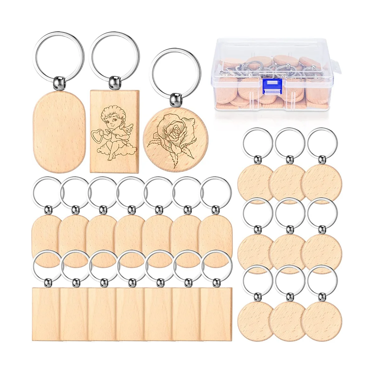 

Wood Engraving Blanks Key Chain Unfinished Rectangle Oval Round Wood Key Tag with Plastic Container