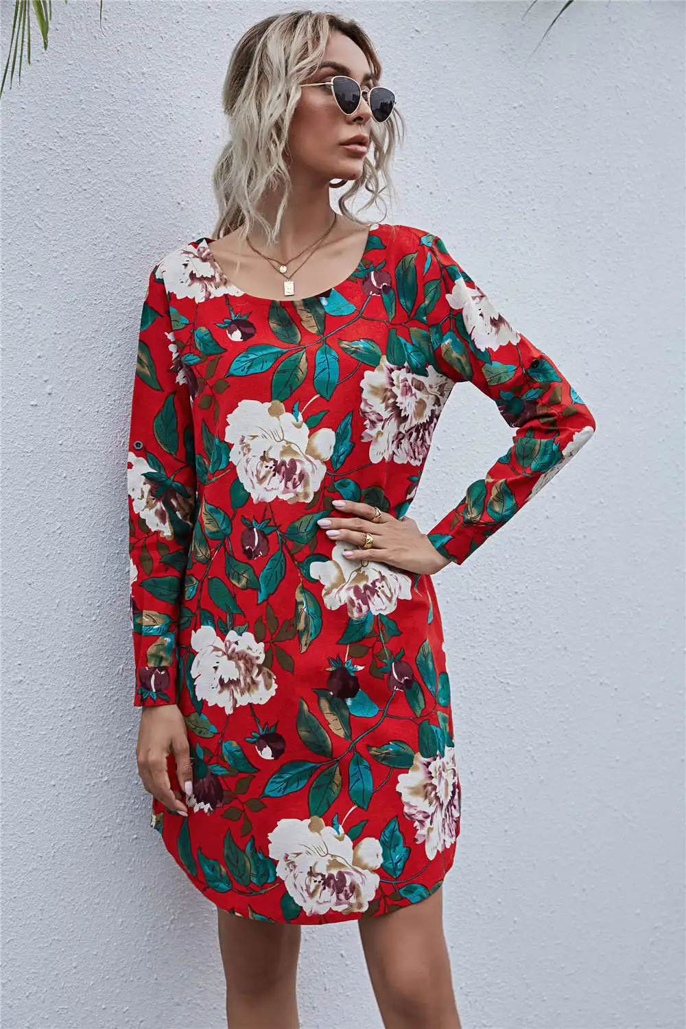 

2022 Europe and The United States Autumn Winter New Women's Cotton and Linen Round Collar Long Sleeve Flower Print Shirtdress