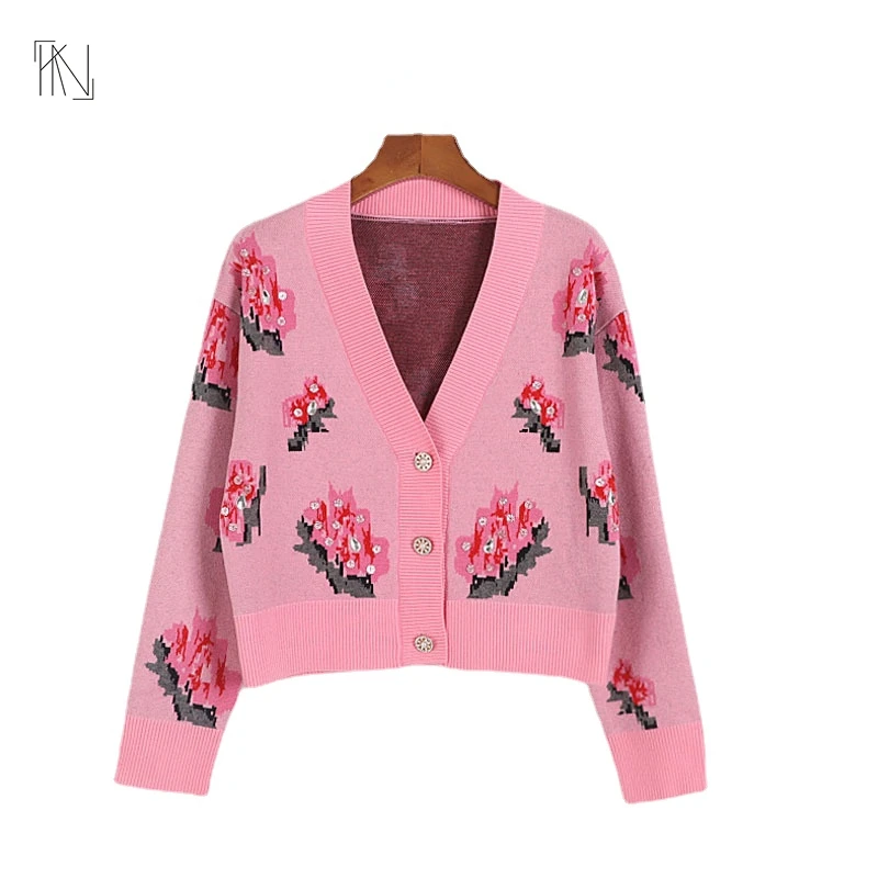 

Rose Print Long-sleeved Knitted Cardigan 2022 Autumn New Women French V-neck Diamond-studded Loose Single-breasted Sweater