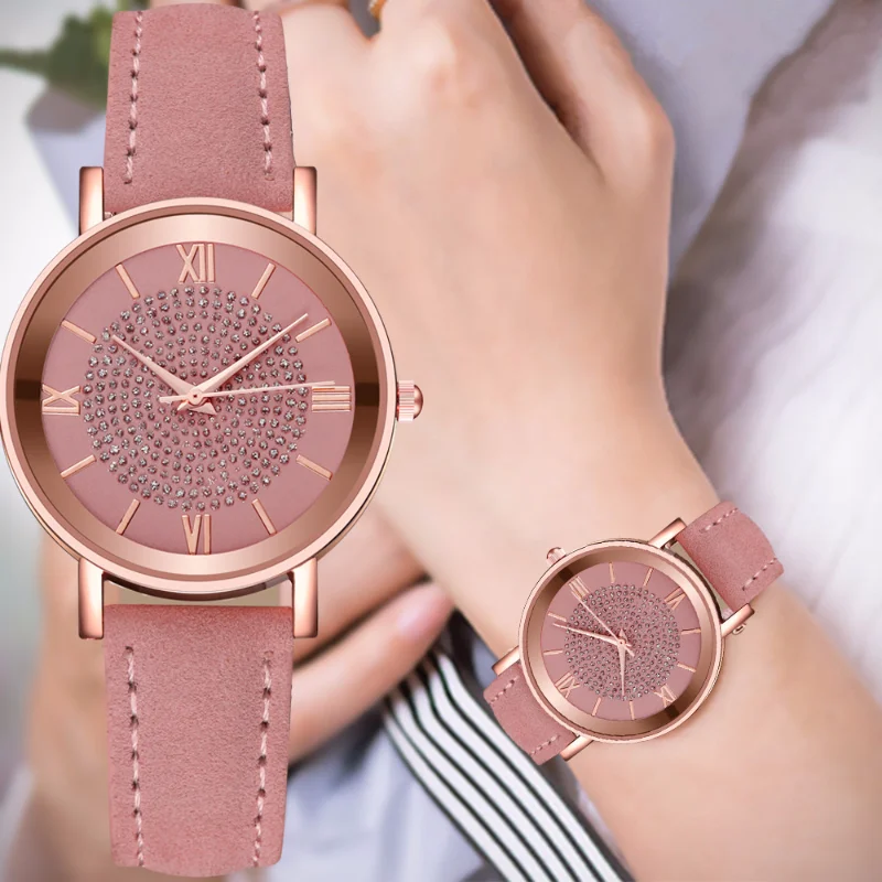 

New Style Starry Sky Dial Watches for Women Fashion Roman Scale Rhinestone Leather Ladies Quartz Watch Female Wrist Watch
