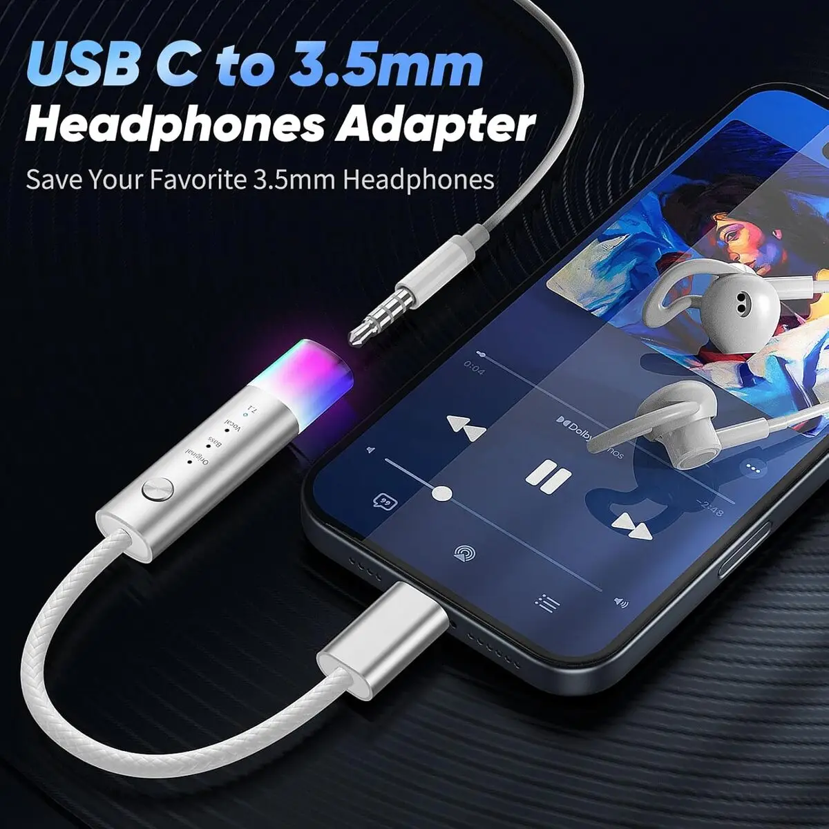 Фото Усилитель для наушников USB C на 3,5 мм, Hi-Fi ЦАП, аудиоадаптер с басовым вокалом 7,1, ключ объемного звука для iPhone 17/16/15 Android №2