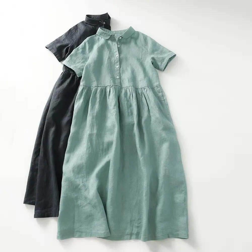 

Платье женское из натурального хлопка и льна, элегантное удобное дышащее свободное Повседневное платье с отложным воротником и коротким ру...