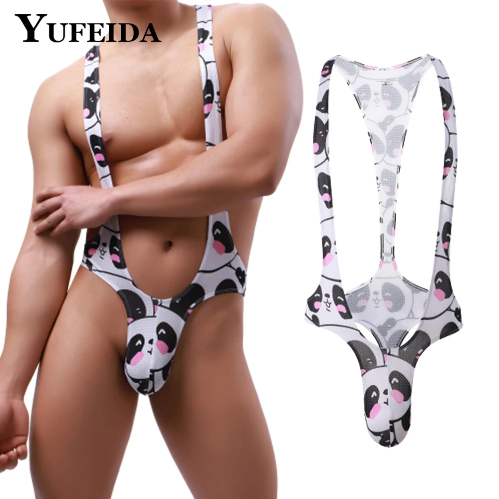 YUFEIDA Sexy Men Undershirt Rianbow Printed Jumpsuit Jock Strap Wrestling Singlet Bodysuits Gay Male Leotard T-back Thong Romper