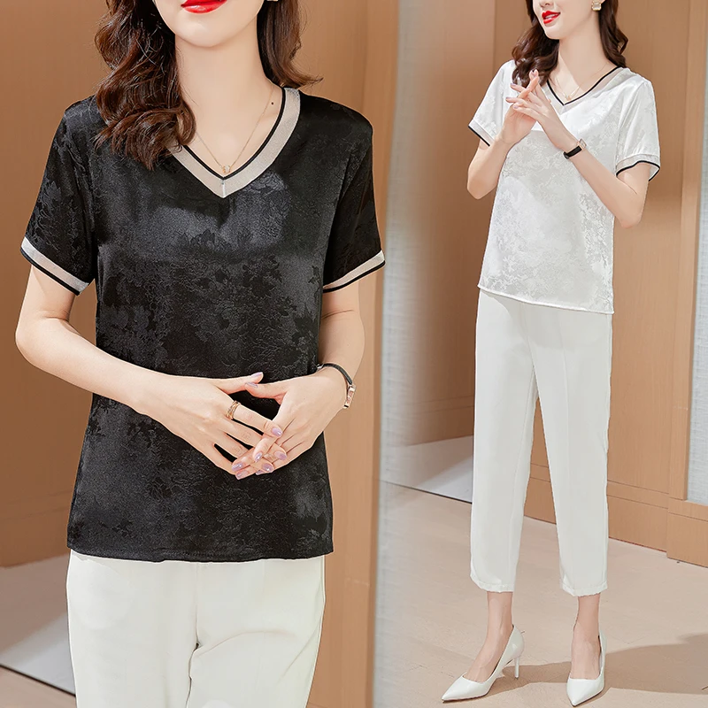 

Женская шелковая блузка с коротким рукавом, повседневная офисная рубашка с V-образным вырезом, корейский стиль, лето 2022