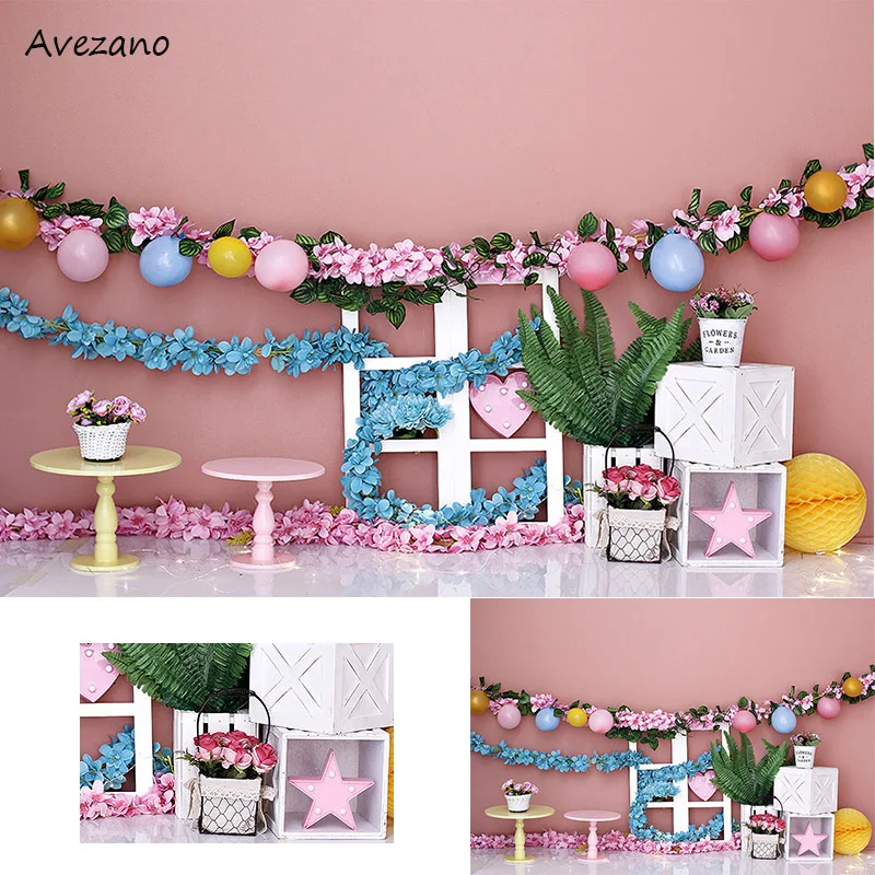 

Avezano Cake Smash Photo Backgrounds for Photography Pink Flower Garden Girl Birthday Portrait Backdrop Studio Decor Photocall