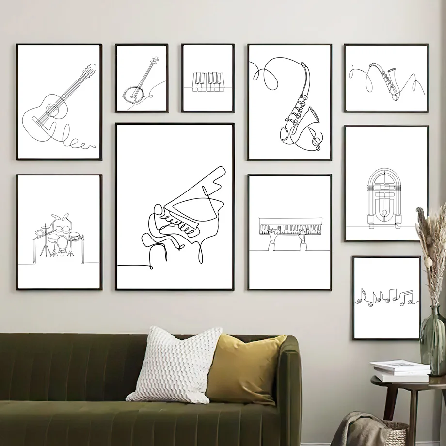 

Black White Line Piano Violin Guitar Drum Wall Art Canvas Painting Nordic Posters And Prints Wall Pictures For Living Room Decor