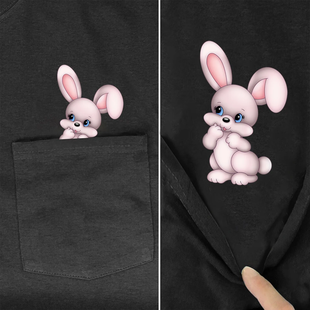 

CLOOCL Funny Bunny Female T-shirts Black Pure Cotton Rabbit Pocket Tees Funny Womens Tees Summer Hip Hop Tops Graphic T Shirts