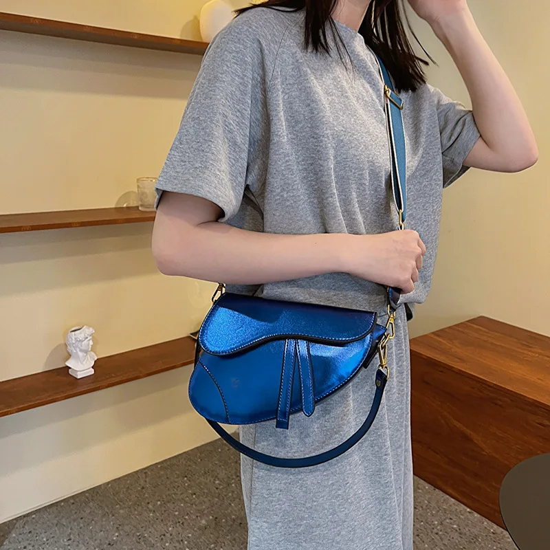 Patent Leather Saddle Bag for Women 2023 New Fashion Luxury Handbag Hip Hop Party Cute Personality Wide Strap Shoulder Bag Woman