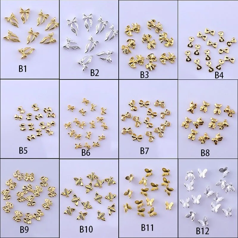 

50Pcs Gold Silver Alloy Charms For Nail Bowtie Butterfly 3D Multi-Shapes Nail Accessories For Japanese Nail Art Jewelry Charms