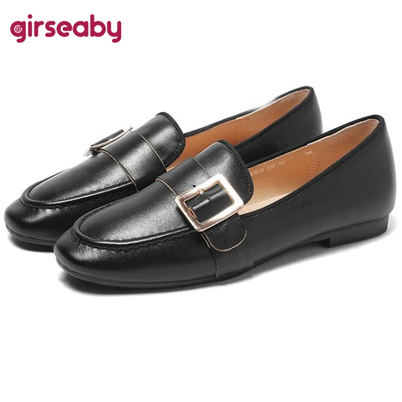 

Girseaby Good Quality Woman Shoes Pumps Solid Black Beige Leisure Spring Round Toe Low Heels Slip-on Buckle Eu Size 34-42 S2886