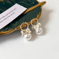 minar sweet white shell flowers hoop earrings for women girl gold color copper simulated pearl statement earring wedding jewelry