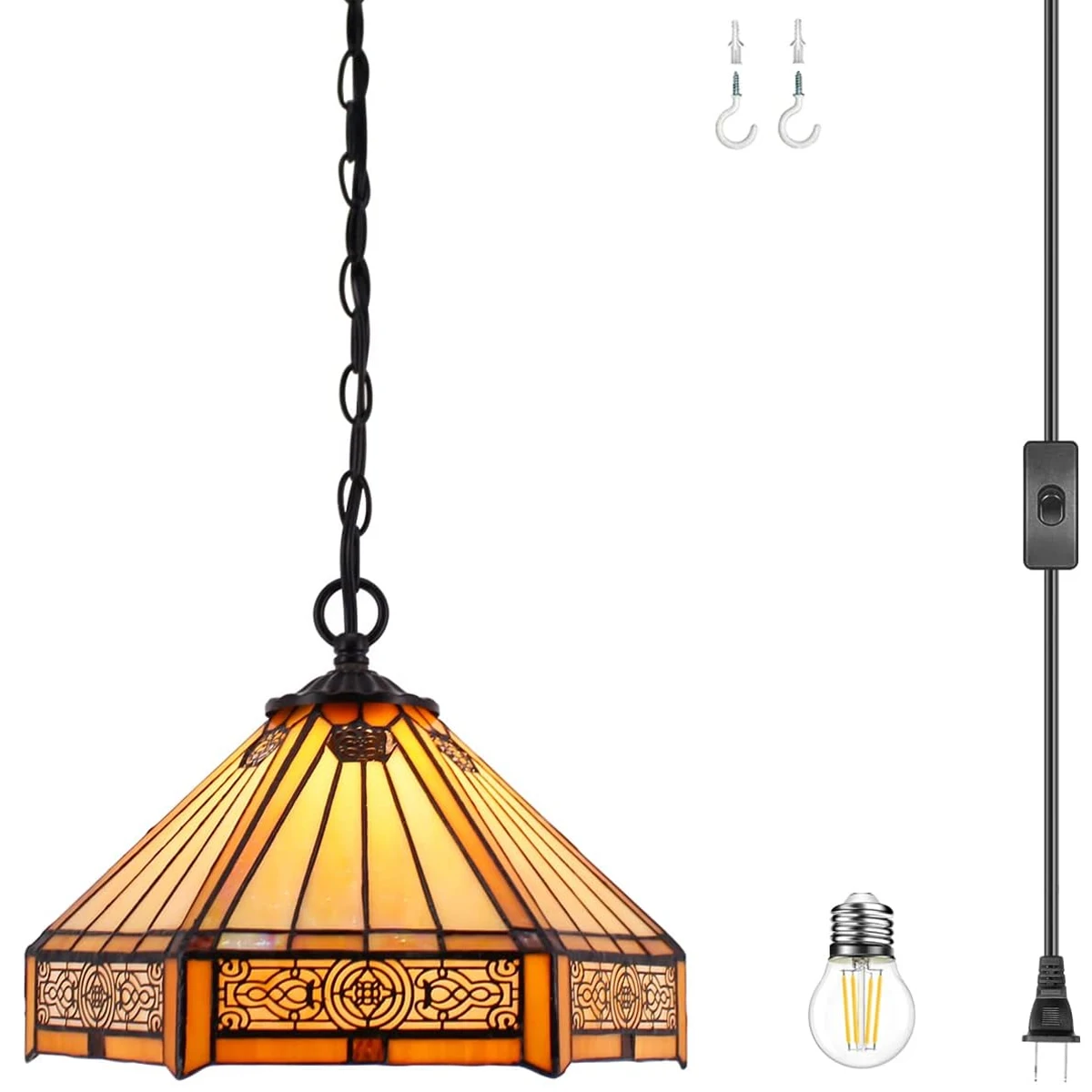 

WERFACTORY Tiffany Pendant Light Plug in Yellow Hexagon Stained Glass 12 Inch Mission Hanging Lamp