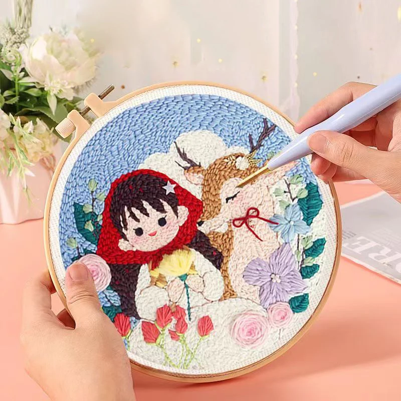 

Cat Girl DIY Punch Needle Embroidery Starter Kits for Kids Adults Gift Cartoon Rug Hooking Beginner Craft Set with Pattern Yarns
