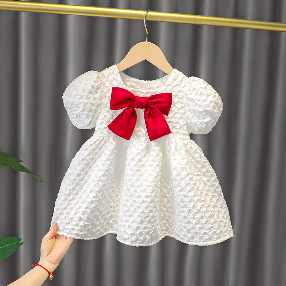 

2022 Girl's new summer dress baby3-4 year old chic dress Bow Decoration A pure-colored cotton Princess style Comfortable dress