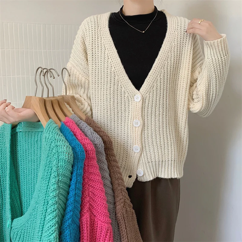 

Korean Fashion V Neck Knitted Cardigan Women Loose Bat Sleeves Cropped Sweater Female Casual All Match Pink Cardigan Tops