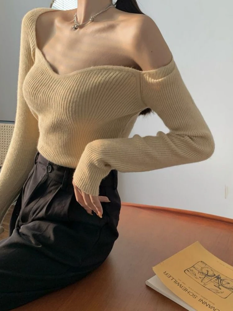 

Fashion Solid Color Women's Slash Neck Pullover Slim and Lazy Autumn and Winter Sweater 2022 New Knitted Bottoming Shirt T457