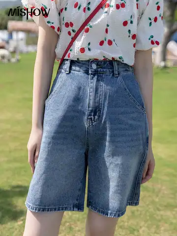 MISHOW Women Jeans Summer Korean Fashion Streetwear Loose Thin High Waist Knee Length Pants Casual Denim Short Bottom MXB27K0433
