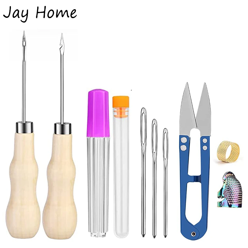 

15PCS Leather Sewing Kit Sewing Awl Leather Large-Eye Stitching Needles with Metal Fingertip Thimble for Quilting Leather Repair